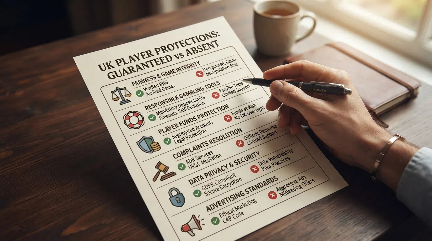 An illustrated checklist of the player protections a UKGC licence guarantees, with offshore MiFinity casinos marked as absent from each one