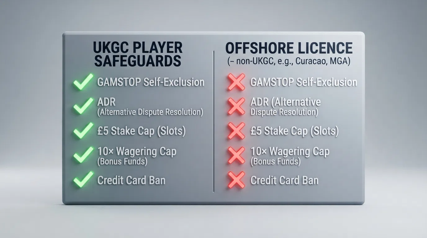 A split comparison graphic — the left side lists UKGC player safeguards (GAMSTOP, ADR, £5 stake cap, 10× wagering cap, credit card ban) with green check marks; the right side lists the same items with red crosses under a Curacao licence heading