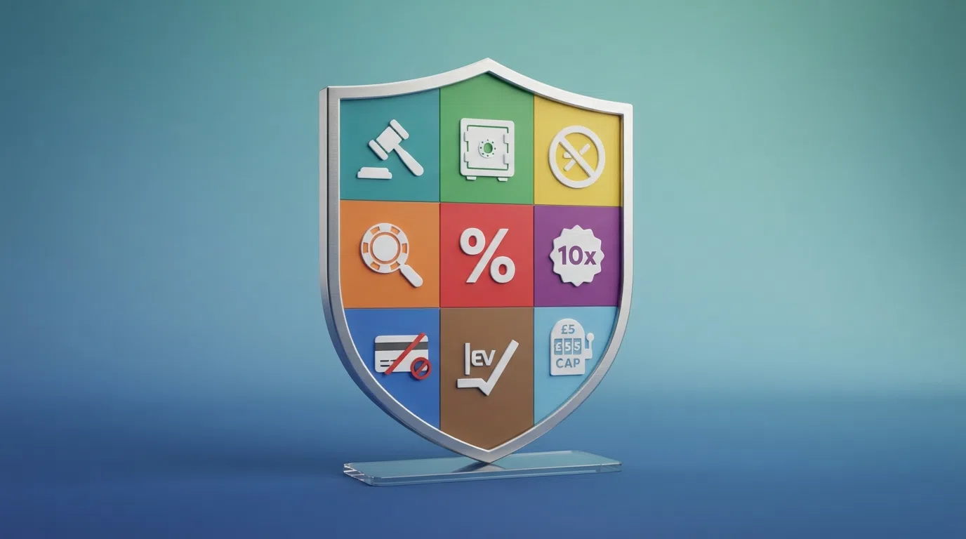 An illustrated checklist or shield-shaped graphic with nine labelled protection icons — ADR, FSCS, GamStop, affordability checks, RTP audit, wagering cap, credit card ban, statutory levy and stake limits — each either crossed through or greyed out to signal loss
