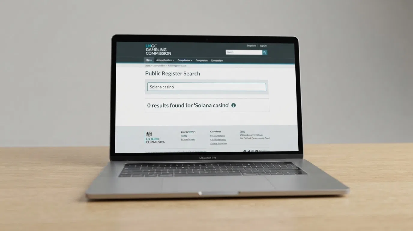 A screen showing the UK Gambling Commission online public register with a search field and a “no results found” message