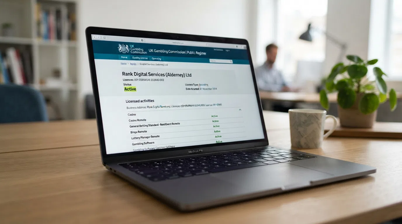 A close-up of the UK Gambling Commission public register website showing an active casino operating licence entry with the status field highlighted