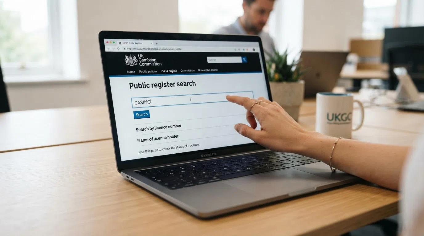 The UK Gambling Commission logo and a search bar on the public register page