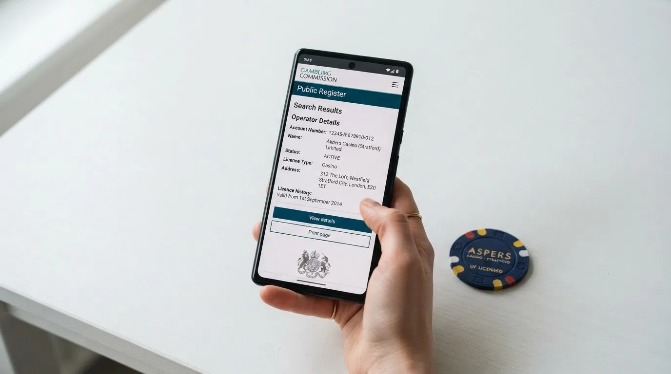A smartphone showing the Gambling Commission public register search screen with an active licence result displayed