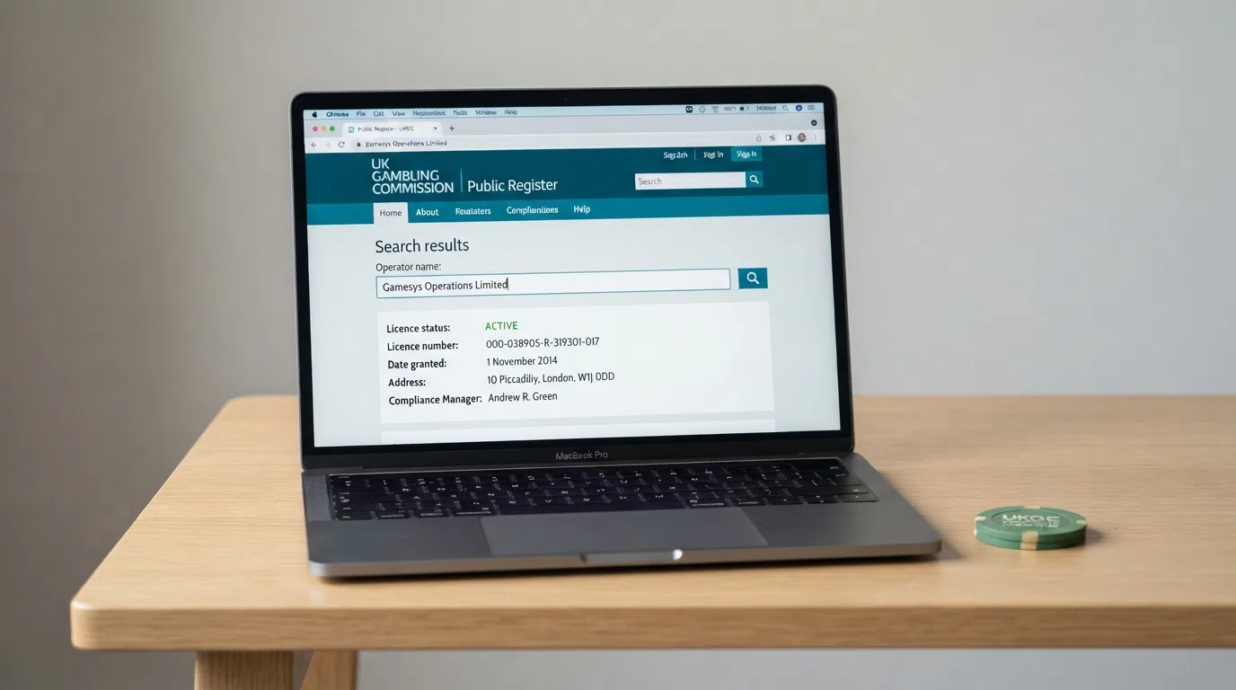 A laptop screen displaying the Gambling Commission public register search page with an operator name entered and an “active” licence status visible