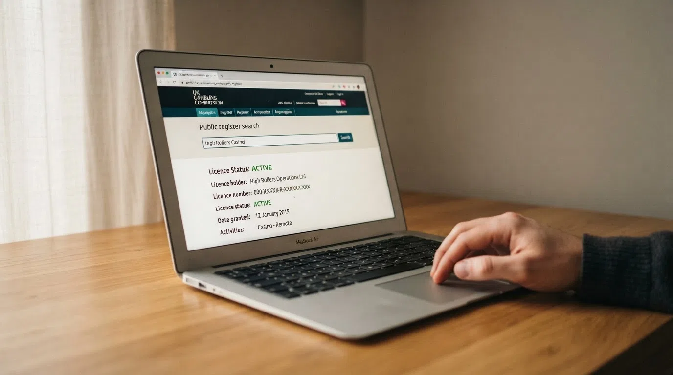 The UK Gambling Commission public register search screen with a casino name entered, showing an active licence status