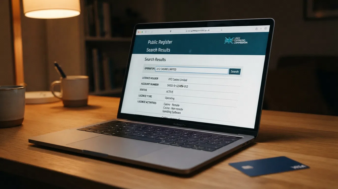 The Gambling Commission public register search interface showing an operator name entered in the search field with a result listing account number and licence activities