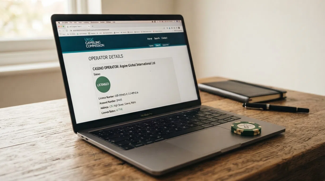 The UK Gambling Commission public register search interface on a laptop screen, with a casino licence record visible in the results