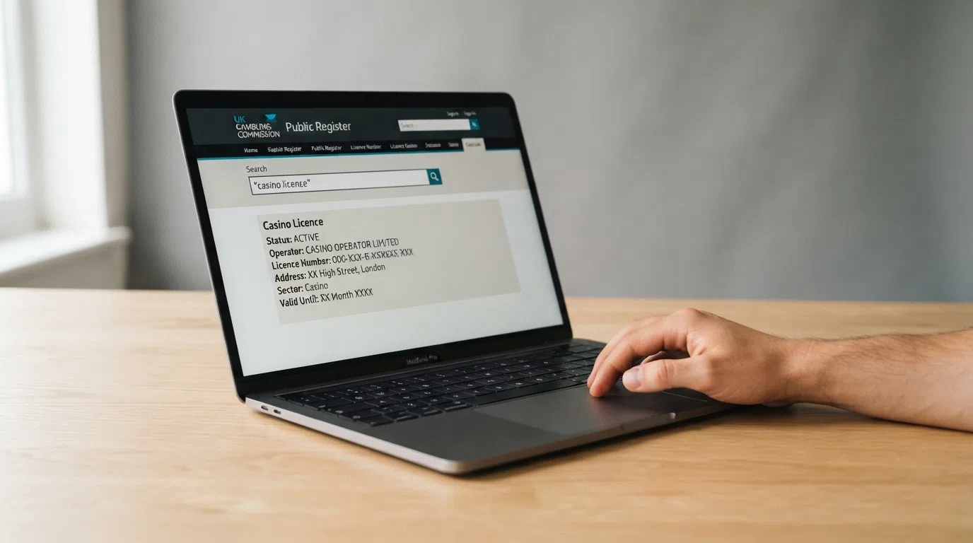 A close-up of the UK Gambling Commission public register search interface on a laptop screen, with a casino licence result visible