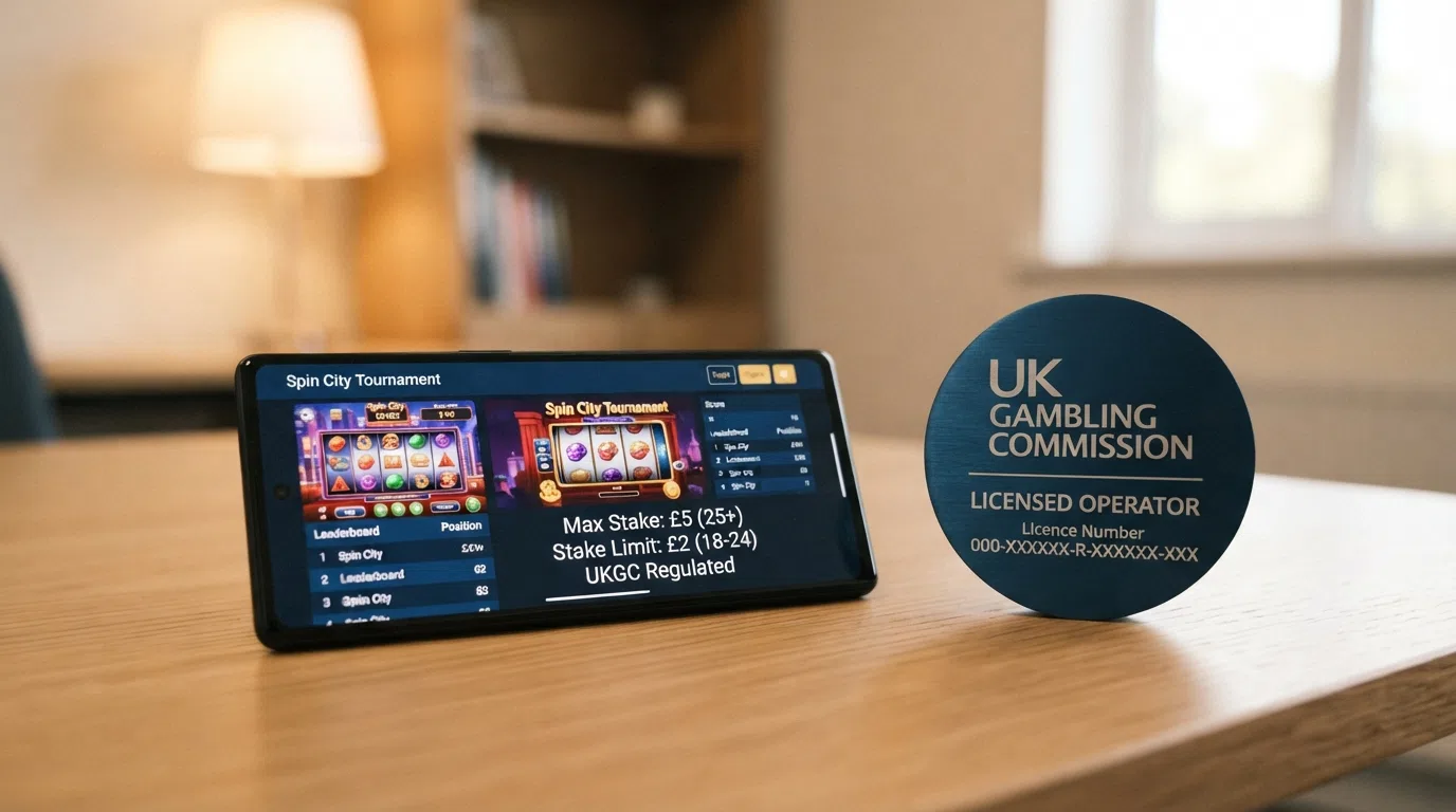 A UK Gambling Commission licence badge beside a slots screen showing a stake limit