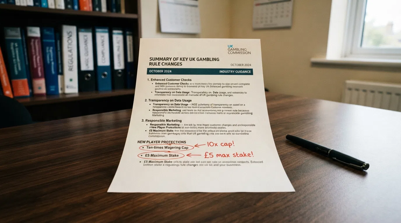 A printed summary of UK gambling rule changes highlighting a ten-times wagering cap and a five-pound maximum stake