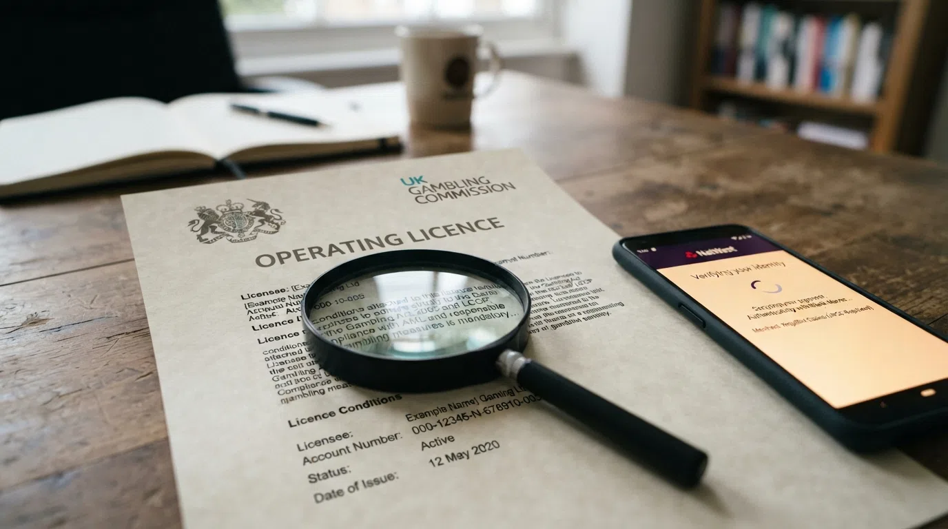 A UK Gambling Commission licence certificate document laid flat with a magnifying glass over the licence-conditions paragraph, beside a smartphone displaying a bank-verification screen