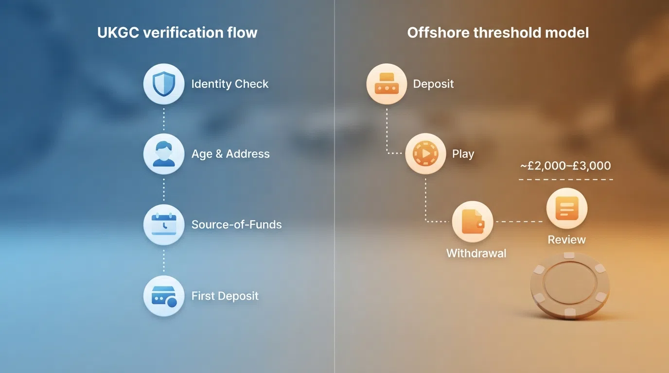 A comparison diagram: the left column shows the UKGC pre-gambling verification flow — identity, age, address and source-of-funds check before first deposit; the right column shows the offshore threshold model — deposit freely, play, and only trigger document requests at £2,000–£3,000 cumulative withdrawals.