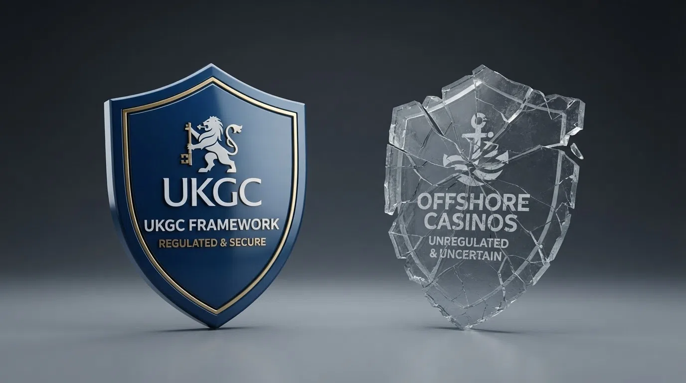 A side-by-side graphic: on the left, a UKGC shield icon labelled with player protections (ADR, fund segregation, GamStop); on the right, a question-mark icon over a faded shield labelled “offshore casino”