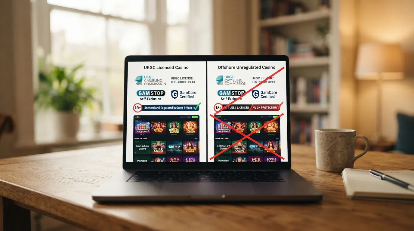 Two columns on a screen comparing a UKGC-licensed casino page and an offshore casino page, the second column's protection labels crossed out.
