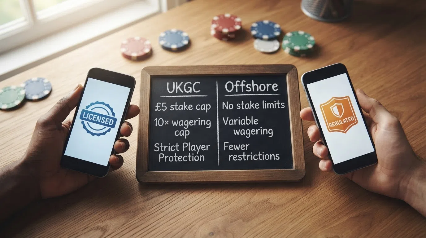 Two columns comparing UKGC rules against offshore rules, with the £5 stake cap and the 10× wagering cap highlighted.