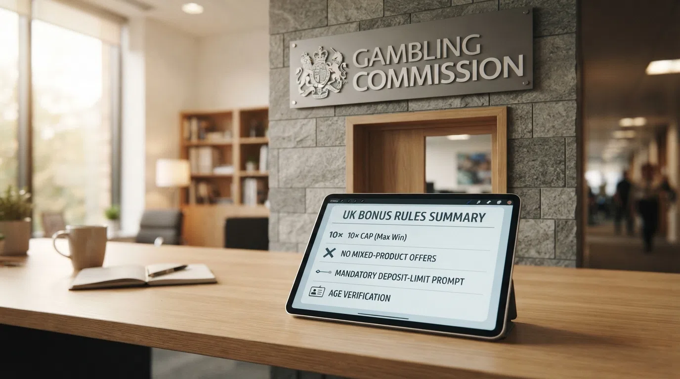 The Gambling Commission headquarters sign alongside a simplified visual summary of the key UK bonus rules: 10× cap, no mixed-product offers, mandatory deposit-limit prompt, and age verification