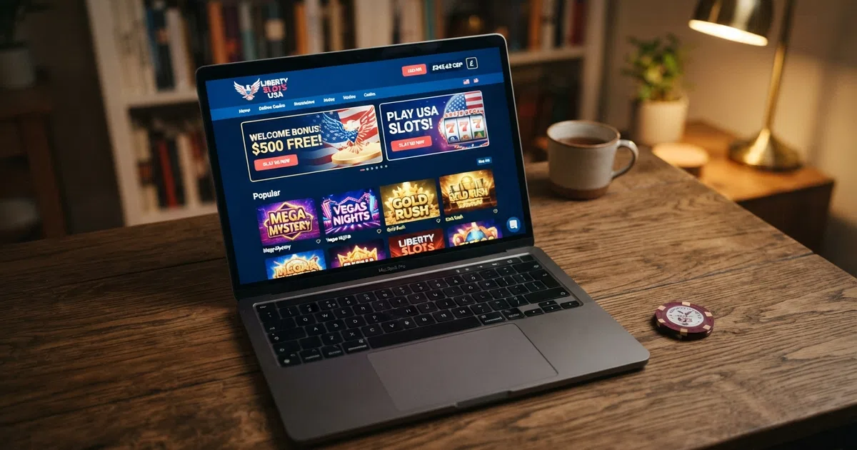 A UK player viewing USA casino websites on a laptop screen, with bonus offers and game thumbnails visible