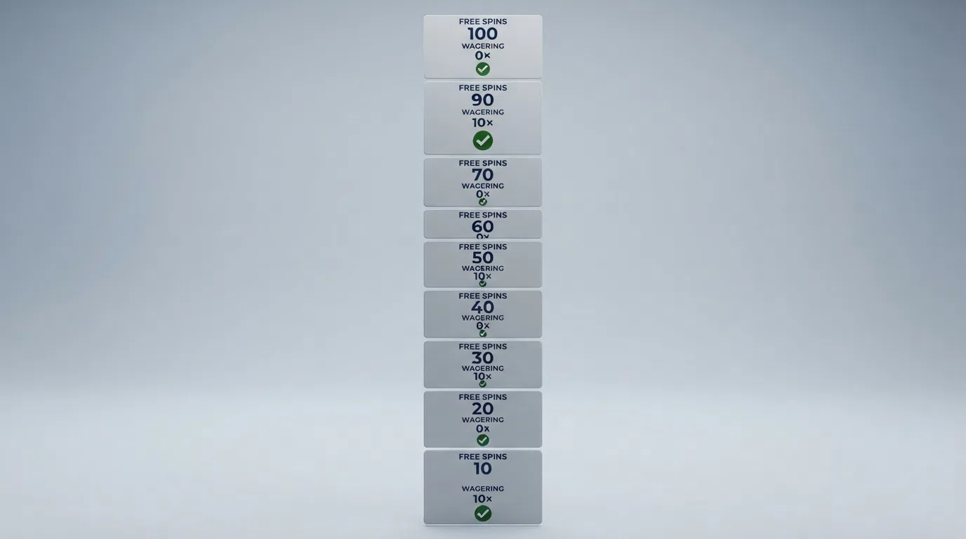 A comparison-table layout with casino brand cards arranged in a column, each showing a free-spin count, a wagering figure and a licence checkmark