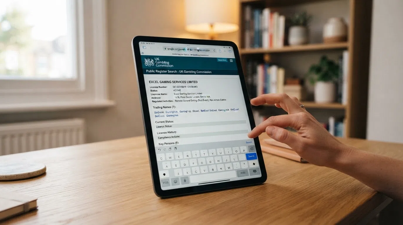 The UK Gambling Commission public register search interface open in Safari on an iPad, showing an operator licence result with account number and status fields