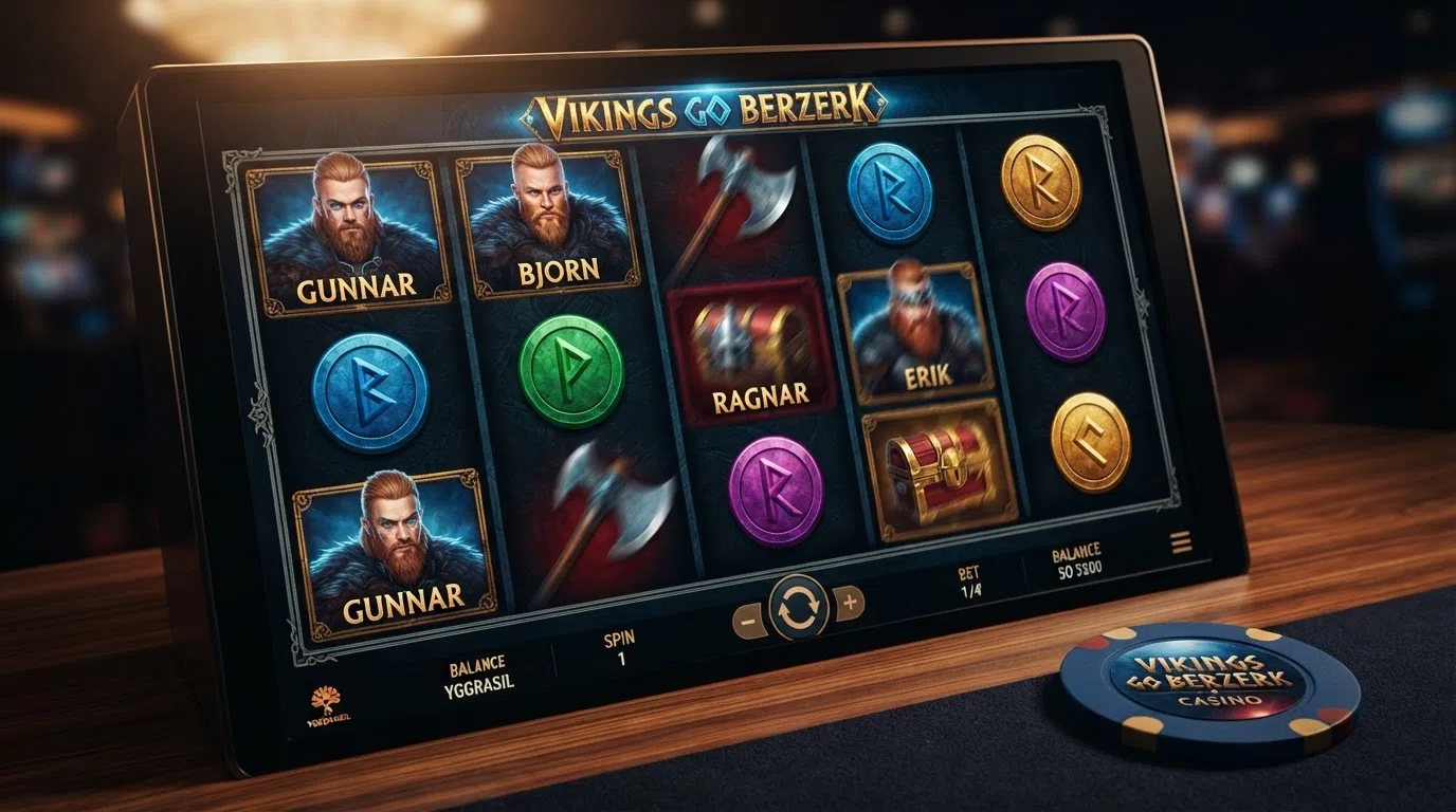 The Vikings Go Berzerk slot grid with its warrior symbols and free-spin feature