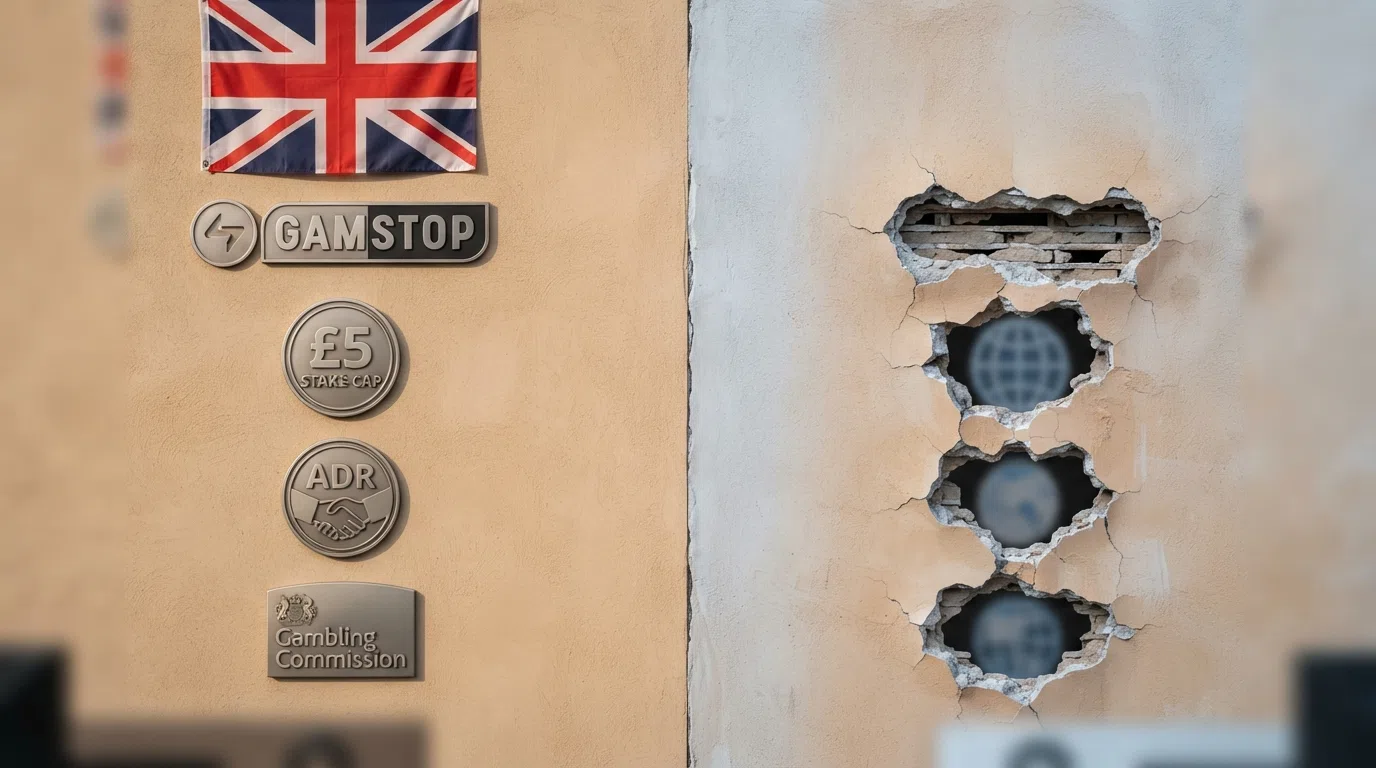 A split composition — on the left, a solid wall of UK protections (GAMSTOP logo, a £5 stake-cap badge, an ADR symbol and a UKGC shield) under a Union Jack; on the right, the same wall with gaping holes where each protection should be, under a generic globe icon