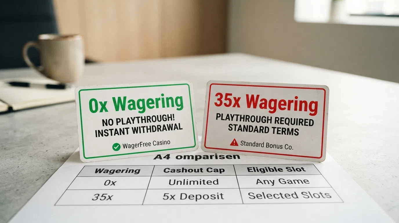 Two offer cards side by side, one marked 0x wagering and one marked 35x wagering, above a comparison table