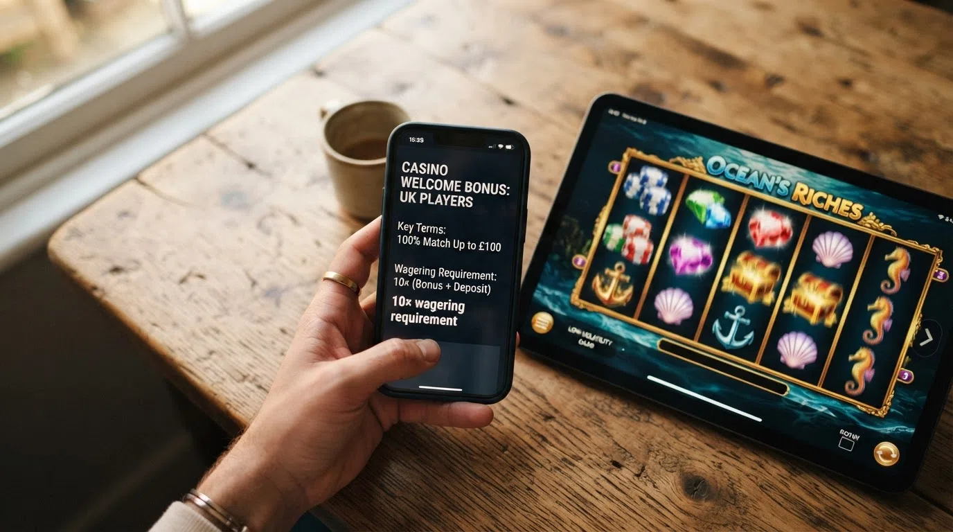 A smartphone showing a UK casino bonus terms screen with the 10× wagering requirement highlighted, next to a slot reel spinning a low-volatility title