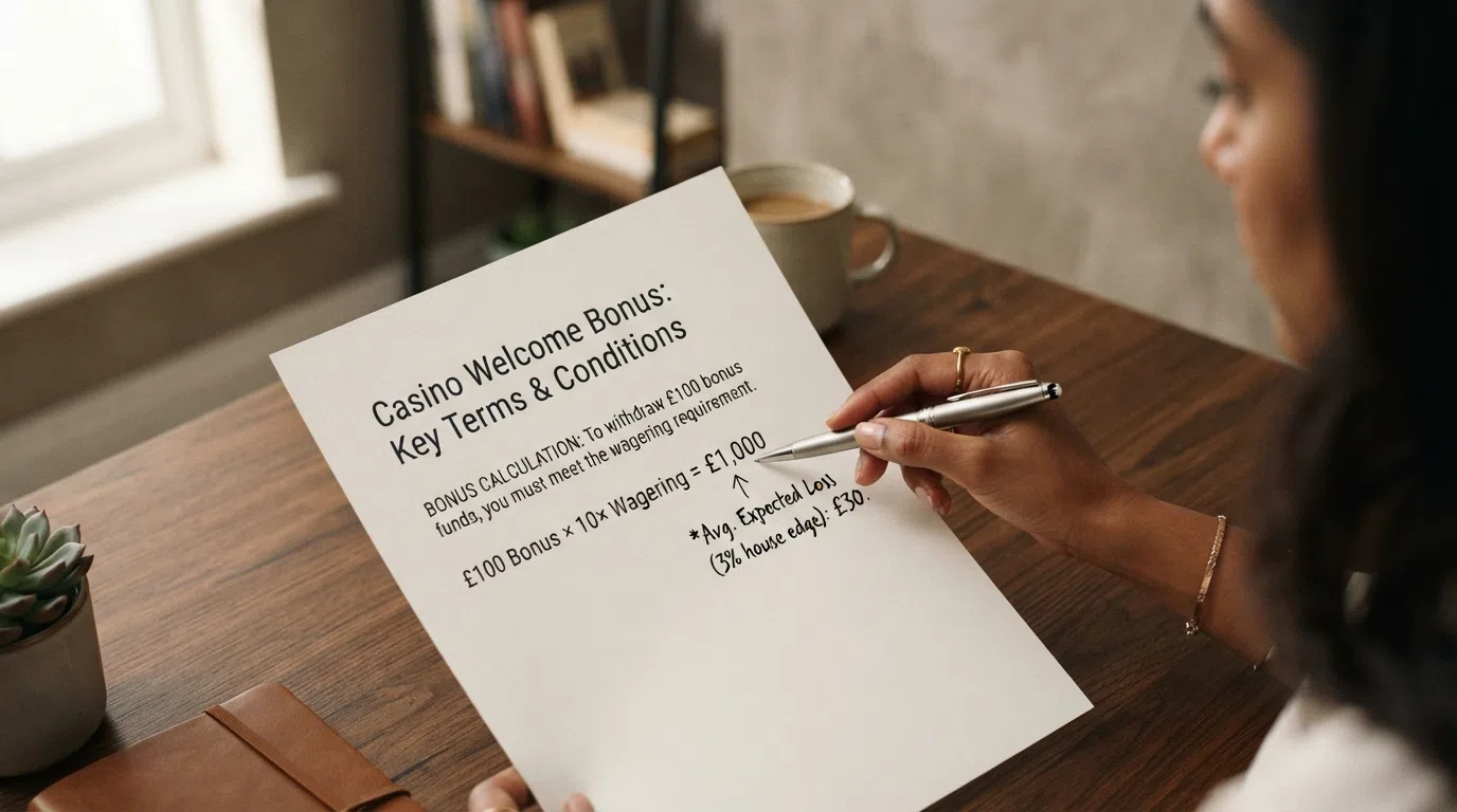 A desktop calculator beside a casino bonus terms sheet, with the turnover calculation written out: a £100 bonus × 10× wagering = £1,000 turnover, annotated with the expected-loss figure of approximately £32.90 at 96.71% RTP.