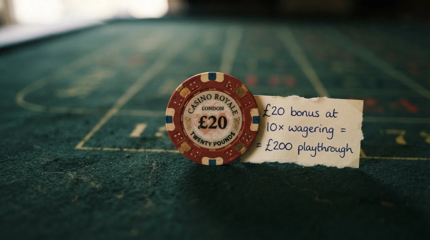 A visual breakdown showing how a £20 bonus at 10× wagering requires £200 in total play before any bonus funds become withdrawable cash