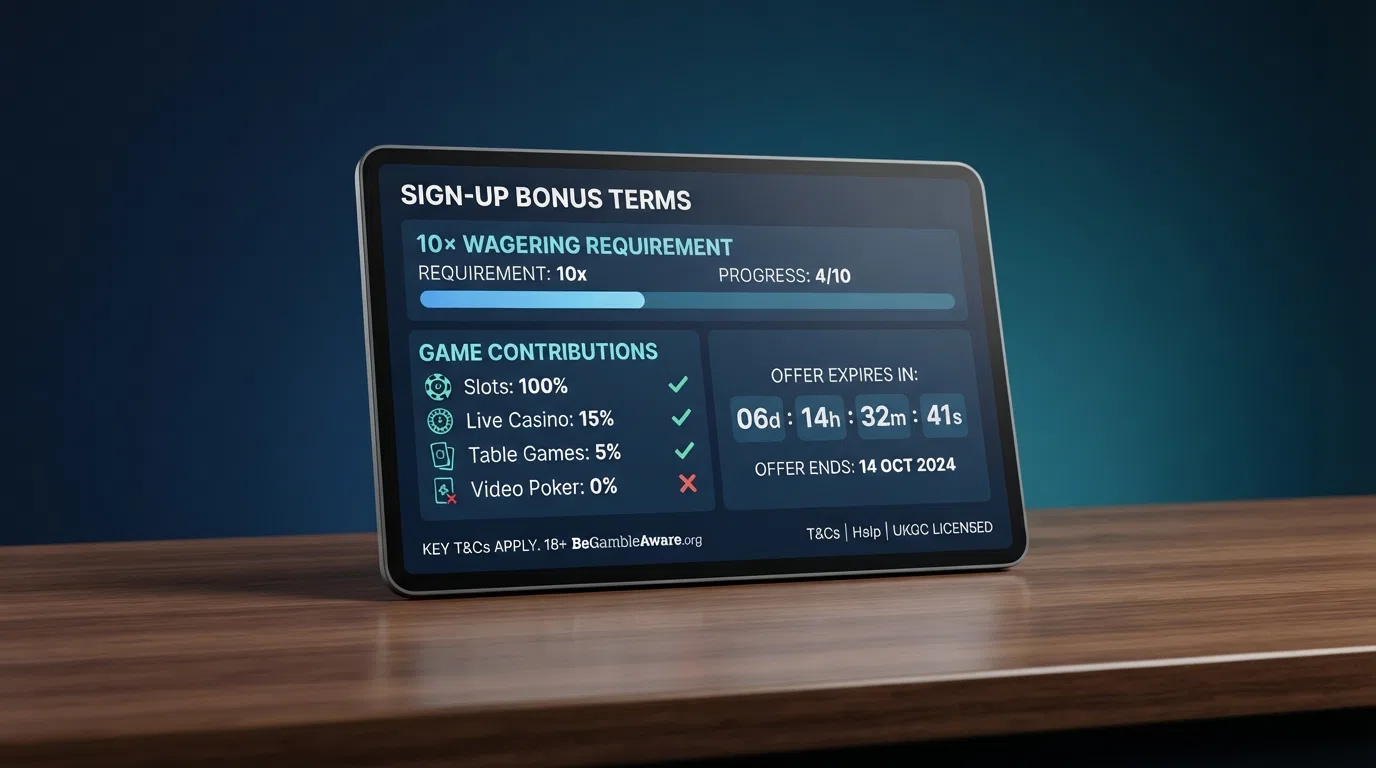 A UKGC-mandated bonus terms screen showing the 10× wagering requirement, game contribution percentages by category and an expiry countdown timer
