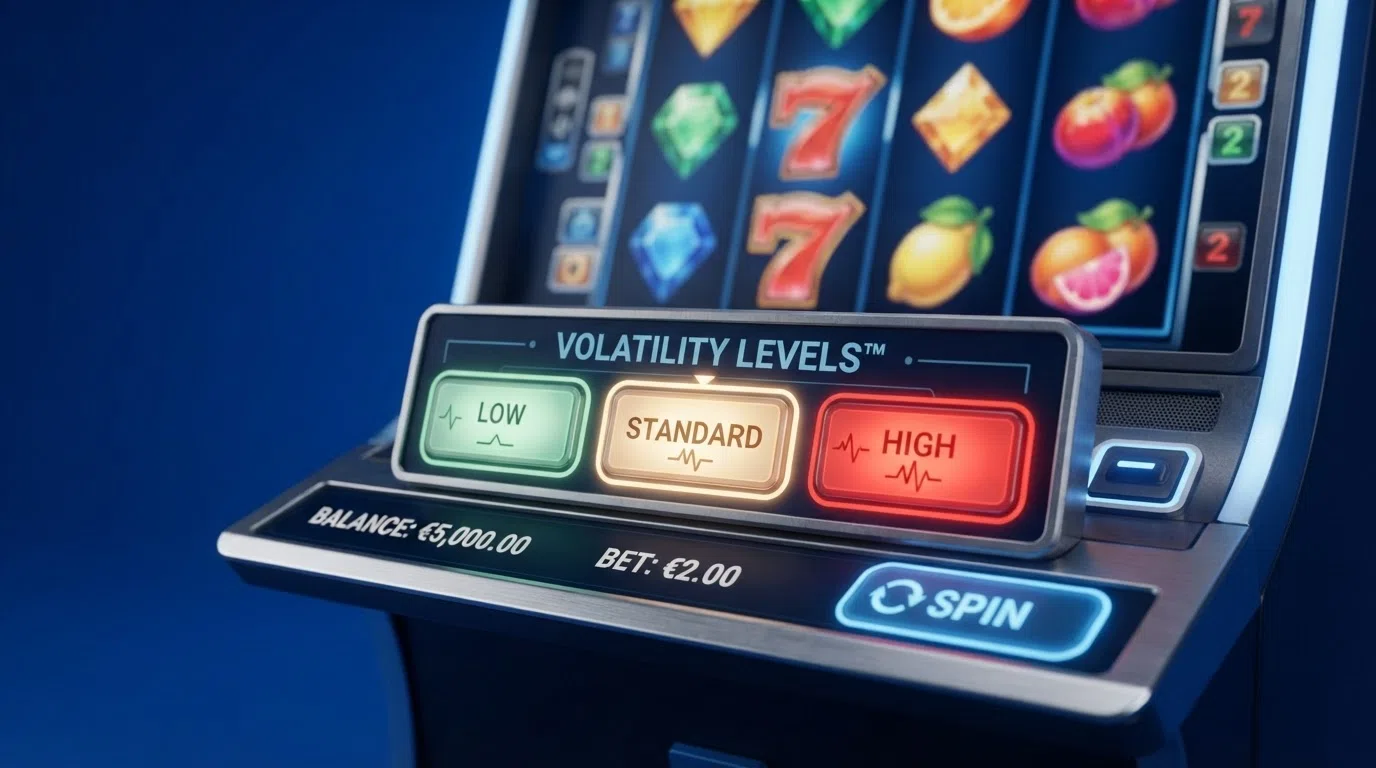 The Wazdan in-game interface showing the Volatility Levels™ selector with Low, Standard and High options highlighted, overlaid on a spinning reel backdrop.