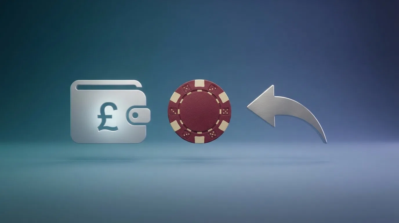 A simplified flow diagram showing the three-stage WebMoney casino payment cycle — WebMoney purse to casino deposit, casino gameplay, and casino withdrawal back to WebMoney — with a red dashed line marking where UKGC consumer protections drop away