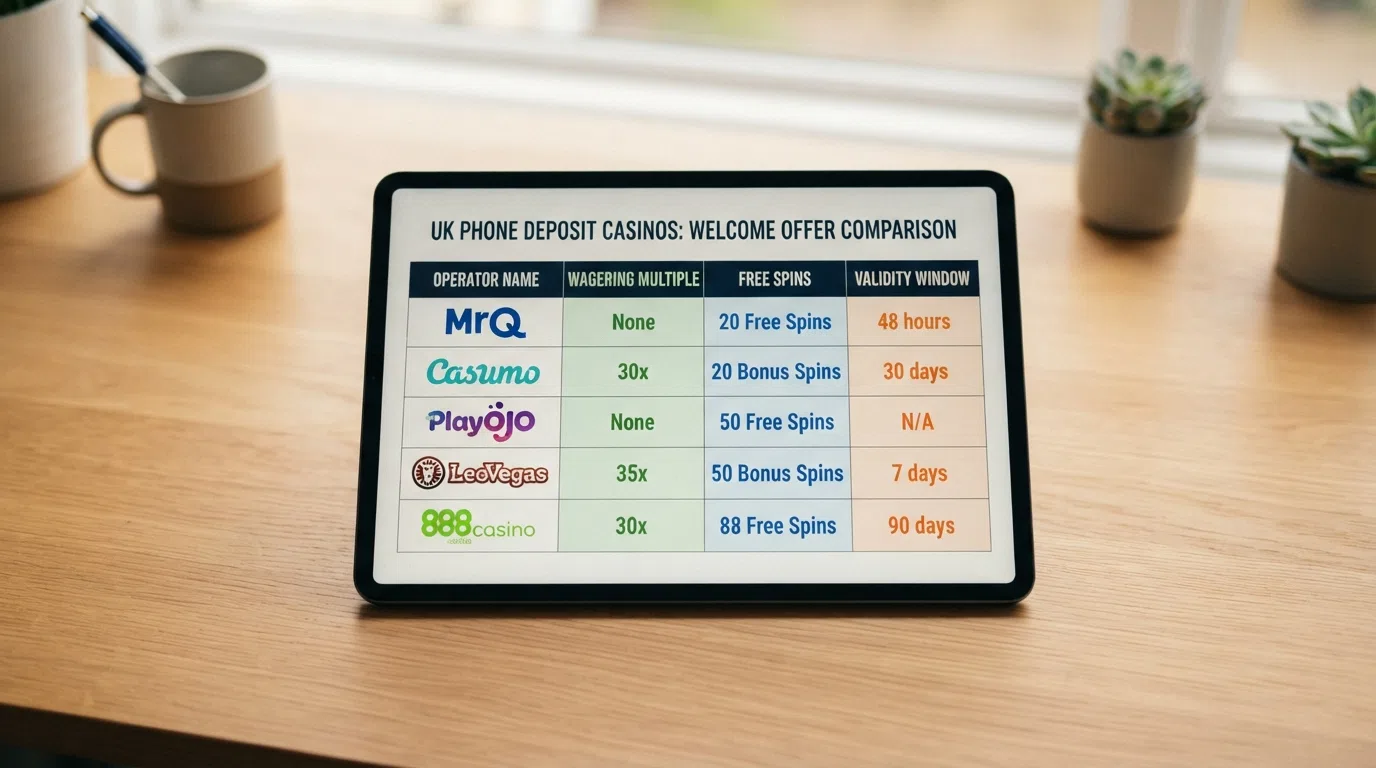 A side-by-side visual comparing the welcome-offer terms of the top phone-bill casinos — wagering multiples, free-spin counts, and validity windows laid out at a glance