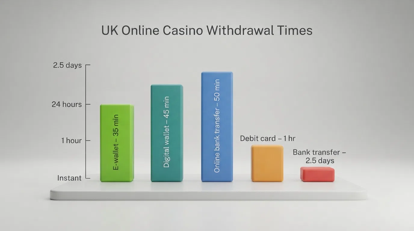 A bar chart comparing withdrawal times for PayPal, Skrill, Trustly, Visa and bank transfer