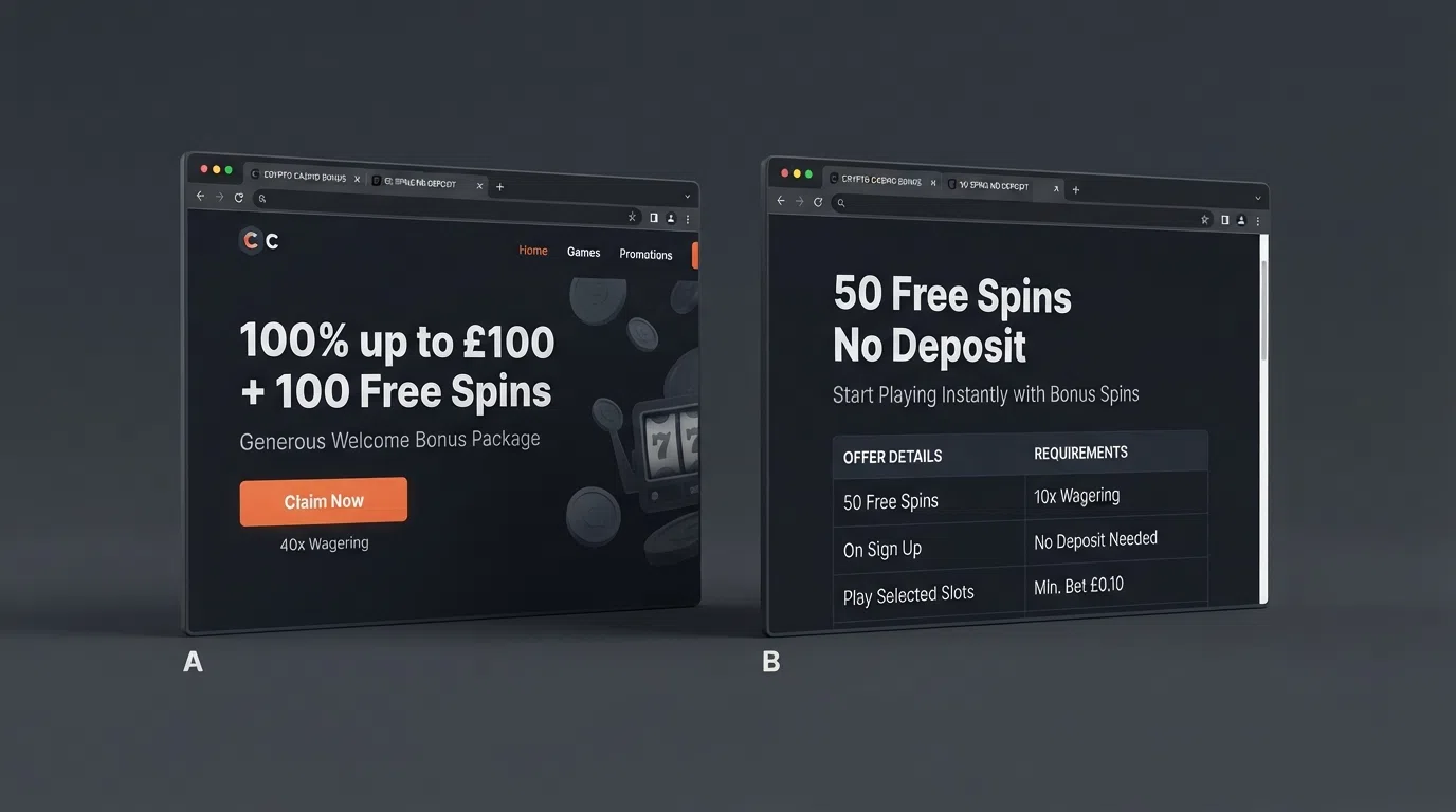 Two browser windows side by side displaying welcome-offer landing pages from different XRP casinos with bonus terms and wagering conditions visible
